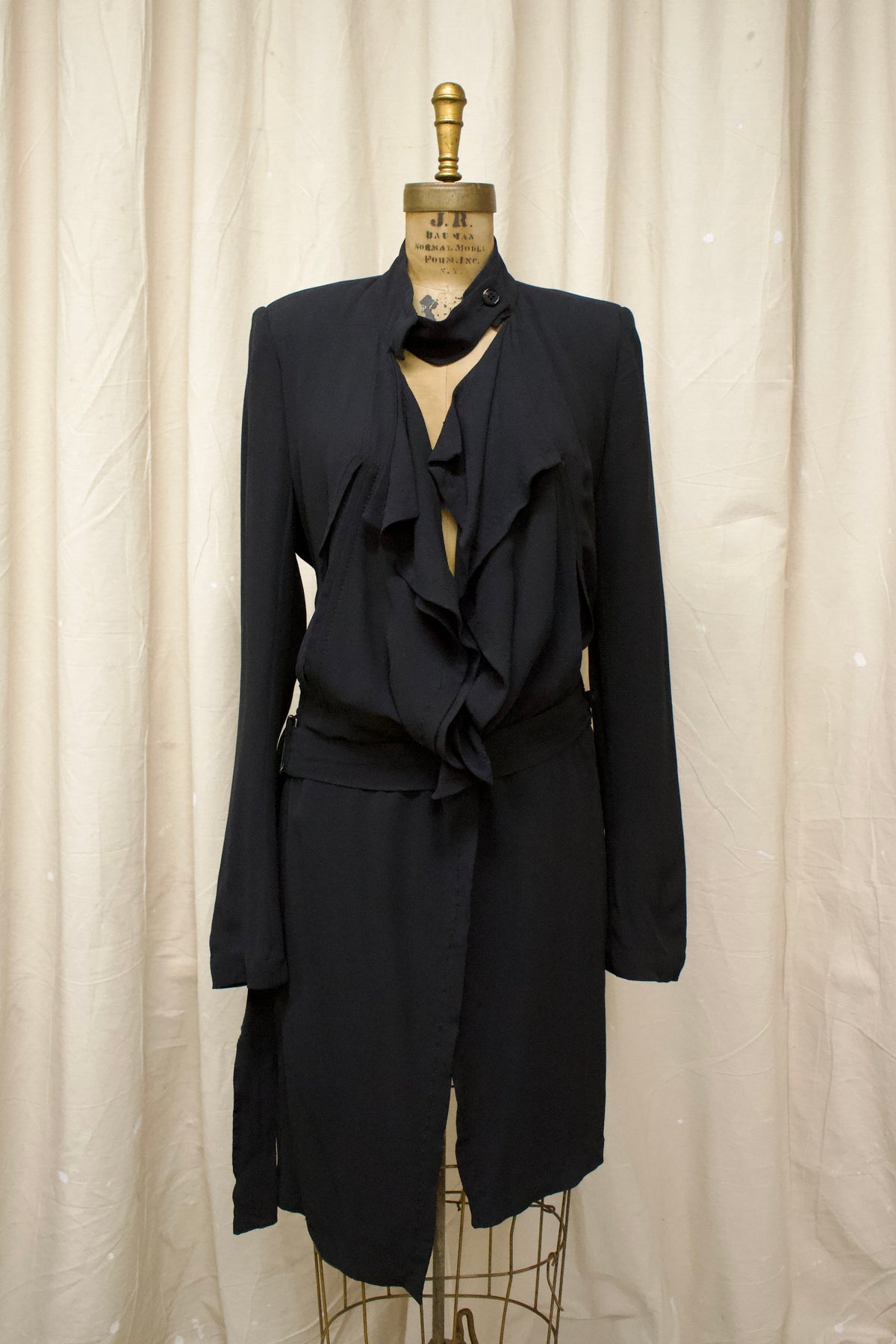 Mid 00s Ann Demeulemeester Black Silk Belted Coat