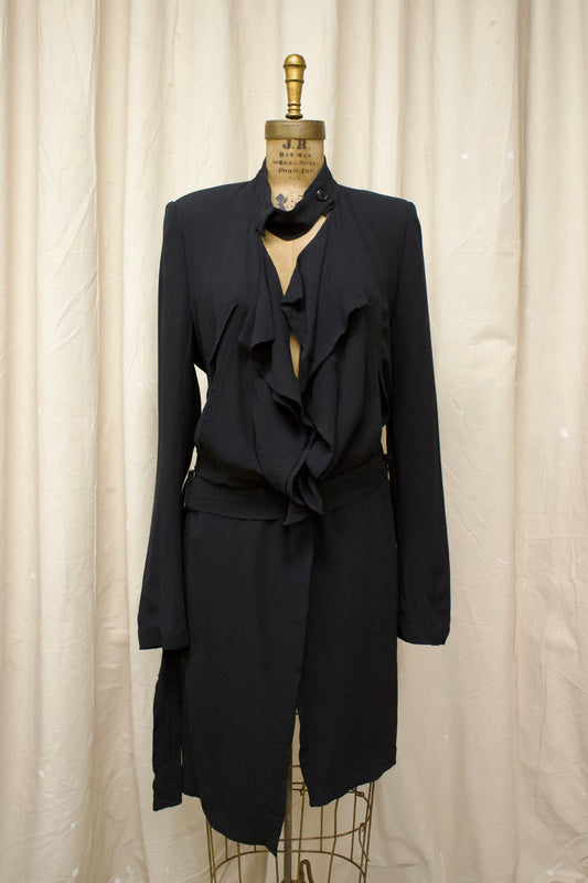 Mid 00s Ann Demeulemeester Black Silk Belted Coat