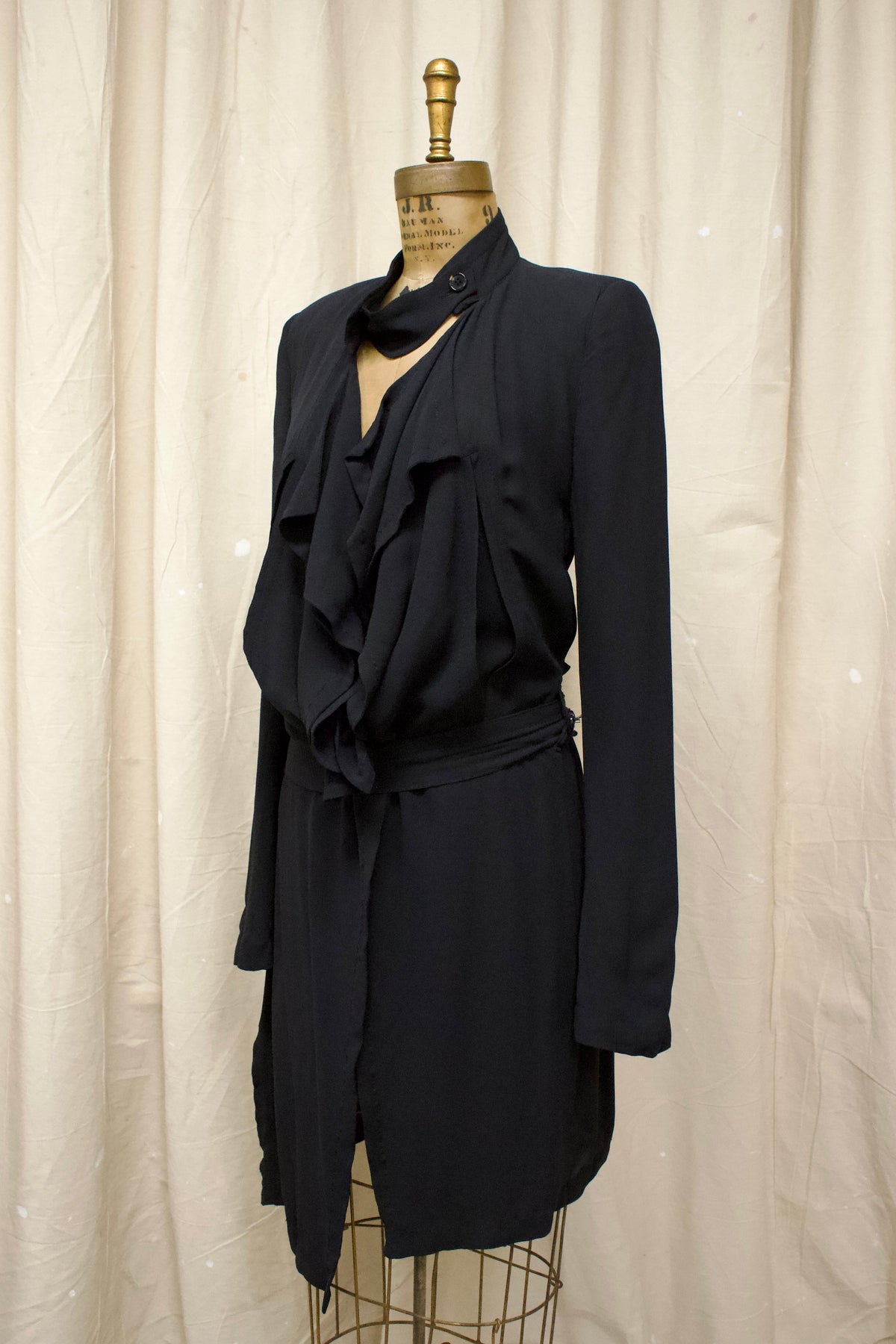 Mid 00s Ann Demeulemeester Black Silk Belted Coat