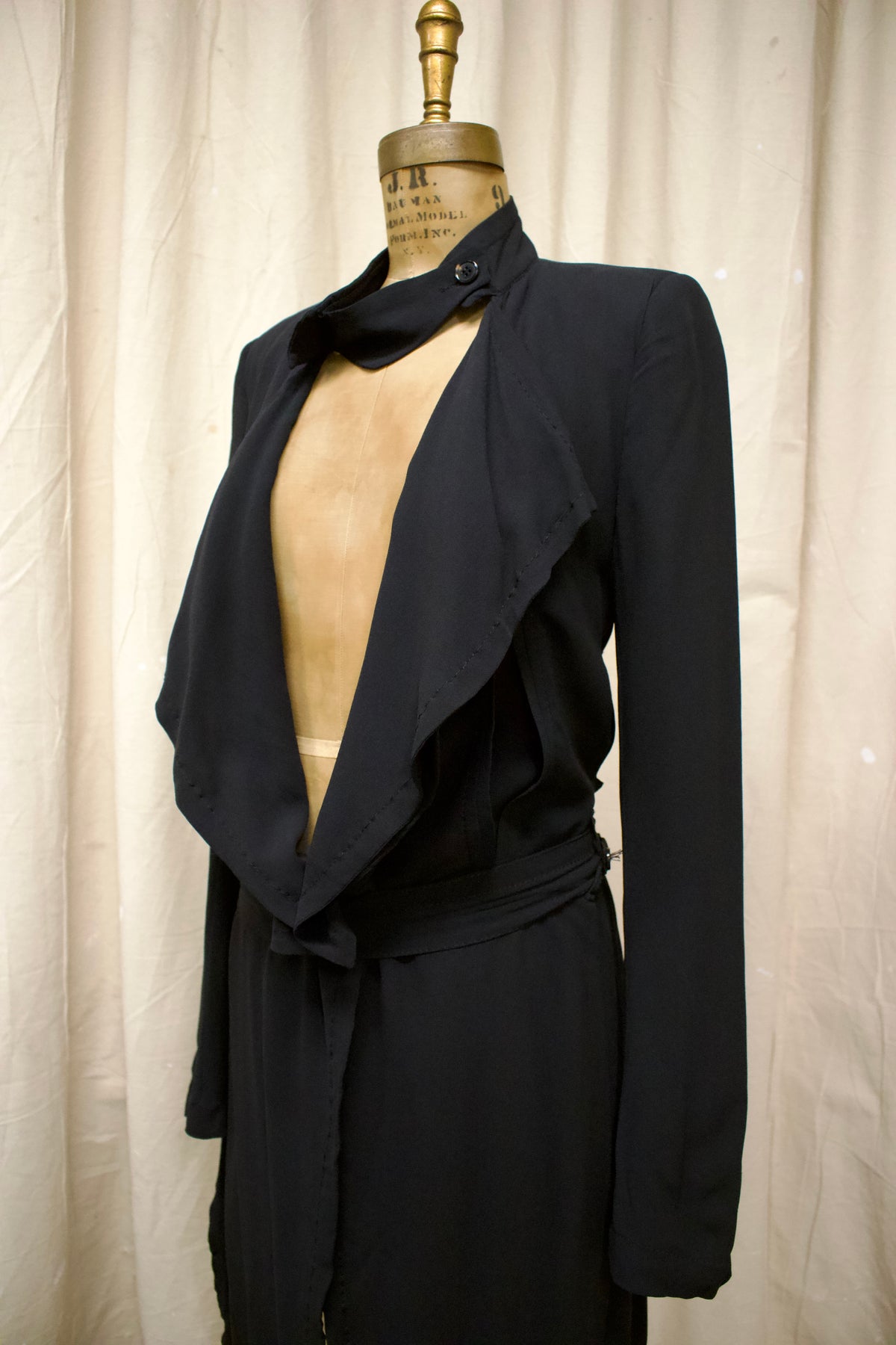 Mid 00s Ann Demeulemeester Black Silk Belted Coat