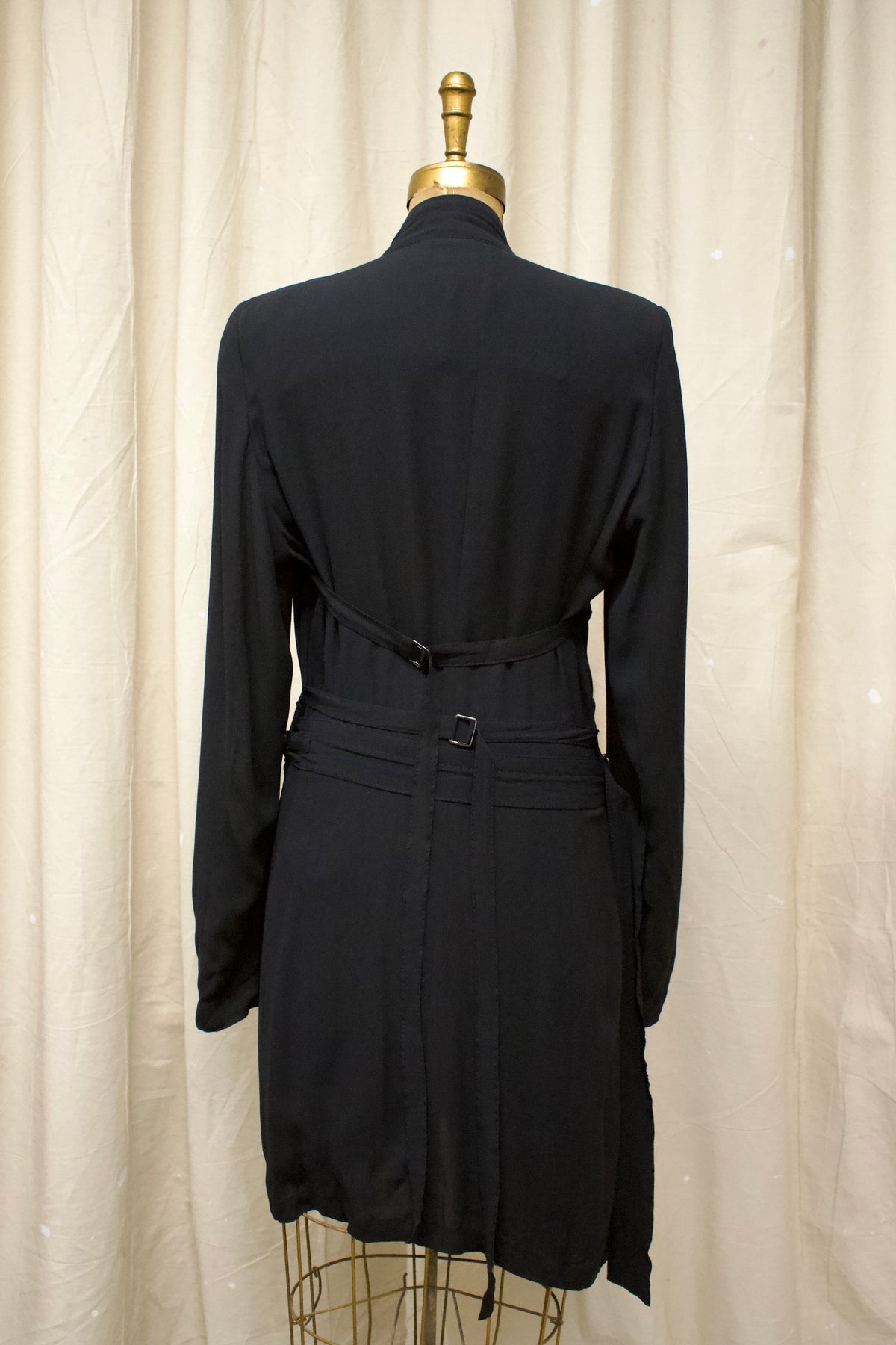 Mid 00s Ann Demeulemeester Black Silk Belted Coat